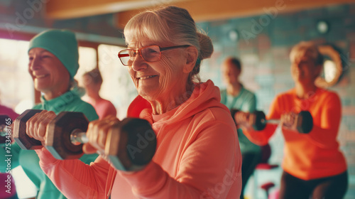 Senior women joyously lifting weights together in a gym, showing strength and vitality during a workout.
