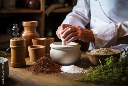  Photography of a man homeopath preparing a customized remedy in a mortar and pestle