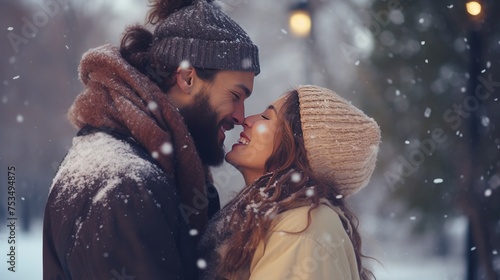 A Couple Smiling and Kissing in the Snow - Capturing a Moment of Love