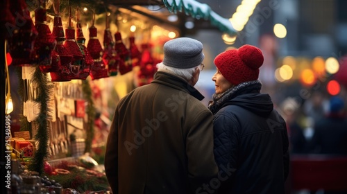An elderly couple stands close together in a Christmas shop, admiring decorations and gifts