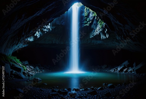 A waterfall cascading inside a cave, illuminated by a soft blue light, creating a mesmerizing and mystical atmosphere