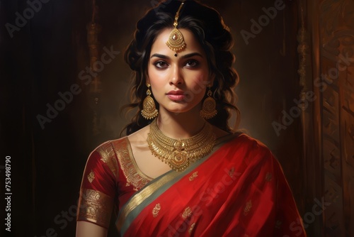 Kshatriya young woman draped in an elegant silk saree or lehenga, adorned with intricate jewelry and a bindi, emanating grace and regality characteristic of Kshatriya women