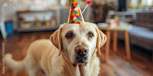 Happy cute scruffy dog celebrating with birthday cake and party hat blue background with copy space to side.