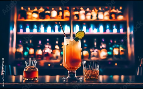 Cocktail on blurred bar counter in nightclub illustration
