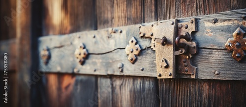 Close up of hinge on the old wooden door