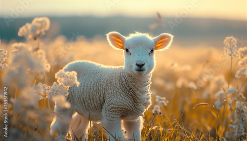 Recreation of a white lamb in a field, lamb of God