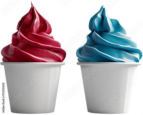 Red blue ice cream in white paper cups isolated cutout on transparent background. 4th of July USA Independence Day. Mockup advertisement. product presentation.