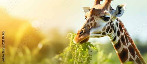 Graceful Giraffe Gracefully Nibbling Leaves in a Lush Green Field at Sunset