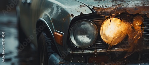 Dramatic Car with Headlight Blazing in Intense Fiery Burnout