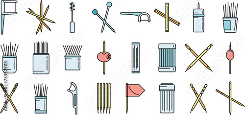 Toothpick icons set outline vector. Clean accessory. Dental toothpick color line isolated