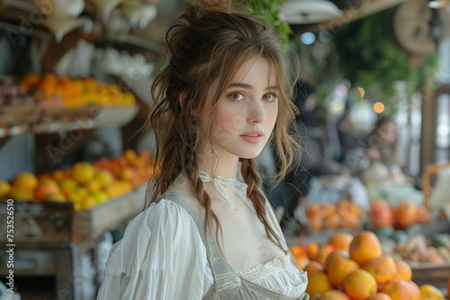 A hauntingly beautiful portrait of a young maiden in vintage style, amidst a fruit market blossoming in color