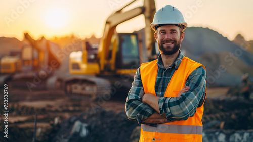 Portrait of happy professional excavator driver standing in front of big excavator looking at camera at sunrise
