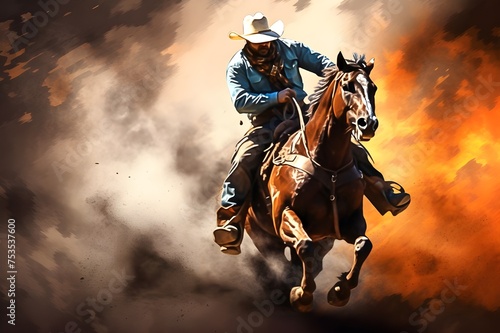 Watercolor Rodeo steer wrestling Desert sandstorm western wild west cowboy desert illustration 