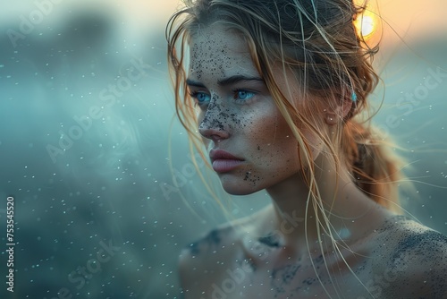 A woman's piercing gaze stands out against a blurred sunset background, evoking deep emotion