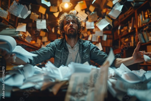 A chaotic scene of a person amidst flying papers in a library, symbolizing stress or overwhelming information