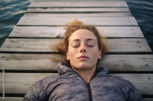 A woman sleeping peacefully on a boardwalk near a tranquil lake, sleep friendly urban environments, peaceful cityscapes, world sleep day serenity