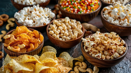 Mix of snacks. Variety of snacks such as nuts, chips and popcorn.