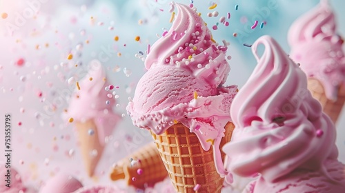 Pastel ice cream dreamland swirls, scoops in sky with candy, waffle cones for playful vibe.