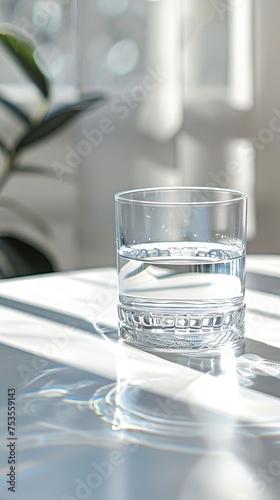 Glass of fresh drink water on table in living room in morning sunny light.