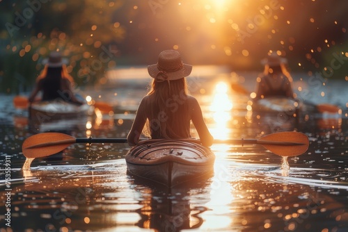 A serene scene captured at sunset showing a woman rowing her canoe surrounded by others, the warm glow of sunlight reflects off the water