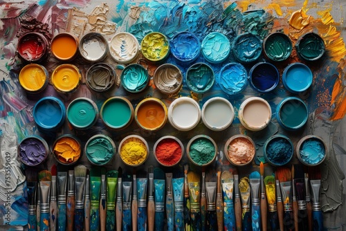 An array of vividly colored acrylic paints and various brushes arranged on a painter's palette, ready for artistic creation