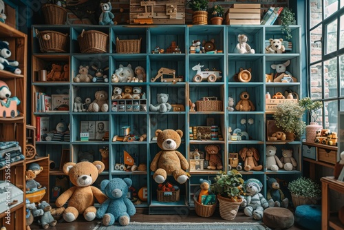 Antique-filled shelves showcasing a collection of teddy bears and vintage toys in nostalgic setting