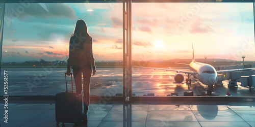 Plan your next adventure, Travel tourist standing with luggage watching sunset at airport window., woman going on a business trip at the airport 