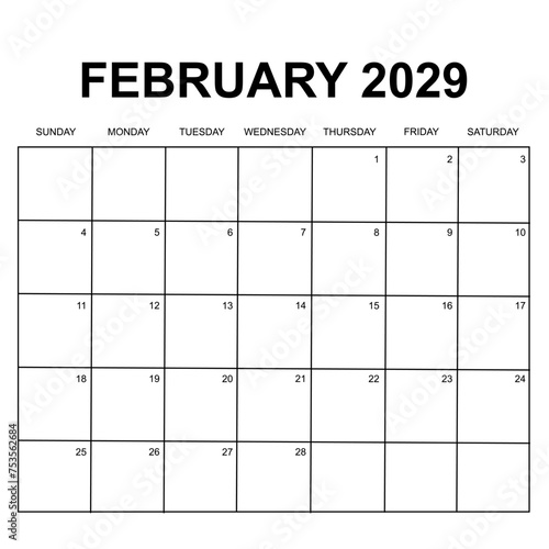 february 2029 calendar. week starts on sunday. printable, simple, and clean vector calendar design.