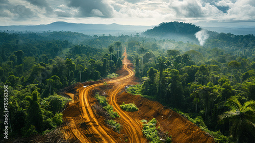 Environmental Impact of Deforestation with Visible Dirt Road