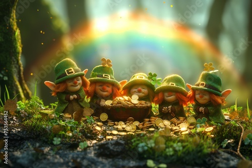 Magical leprechauns with pot of gold in enchanted forest