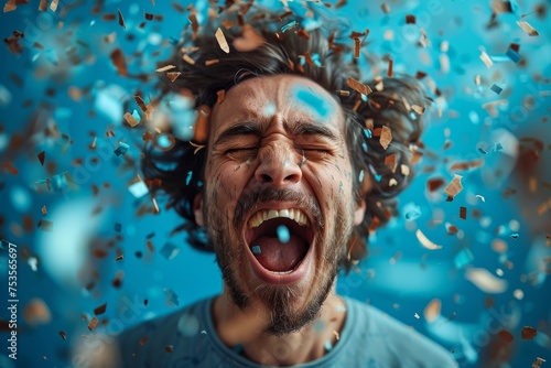 A dynamic photograph of a man yelling as wooden splinters seem to explode from his head
