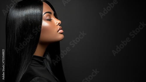 Brunette woman with gorgeous flowing hair on dark background, beauty and hair care concept