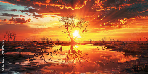 Climate Crisis: Dramatic Sun Setting Over a Scorched Landscape, Prompting Reflection on the Urgent Need for Collective Action to Address Global Warming