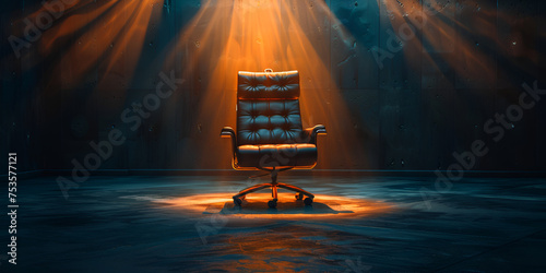 A Cinematic scene: Empty Office chair under a spotlight beam in the center of dark room, Empty vacancy concept