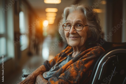 Warm portrait of a smiling elderly woman sitting in a wheelchair in a hallway