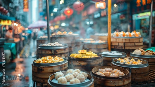A vibrant scene of various dim sum in bamboo baskets, captured on a rainy evening in a bustling urban street market.