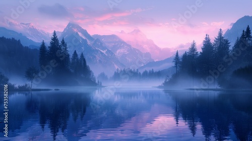 Twilight descends with vibrant pink hues over a mist-enshrouded mountain lake flanked by dark silhouettes of trees.
