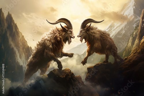 male goats fighting horns on a mountain cliff