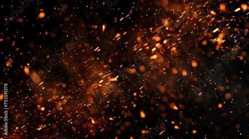 Fire sparks background. Abstract dark glitter fire particles lights. Fire embers particles isolated on black background.