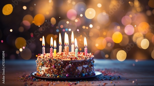 Close-up of a birthday cake with vibrant candles