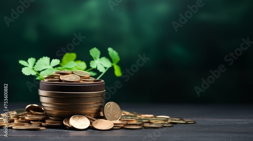 Green festive background with clover and coins with copy space. St. Patrick's day concept