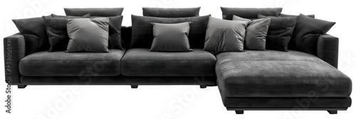 Modern Dark Gray L-Shaped Sofa with Pillows Isolated on a Transparent Background