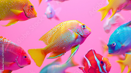 A vibrant school of tropical fish, each displaying unique colors, set against a solid coral pink background.