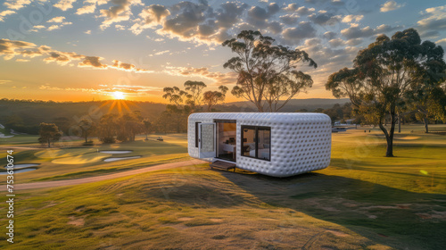 A portable modular home basks in the warm glow of sunrise, nestled in a serene golf course setting with sweeping trees and rolling hills.