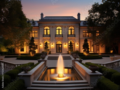 A palatial mansion nestled within manicured grounds and surrounded by lush gardens