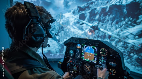 Concentrated pilot trainee operating controls in an advanced flight simulator with a snow mountain scenario on screen.