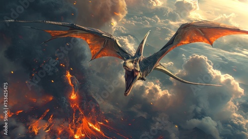 Flying dinosaur, Pterodactyl, flying over an erupting volcano with fire flame smoke in prehistoric environment. Photorealistic.