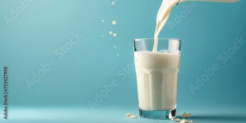Pouring organic milk in glass on blue background