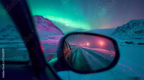 View from side mirror of a car in wild snow field with beautiful aurora northern lights in night sky with snow forest in winter.