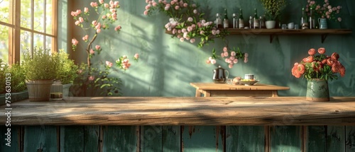 3D illustration of green kitchen interior. Wooden worktops with wooden utensils and appliances. Close-up of a dining table in the background.